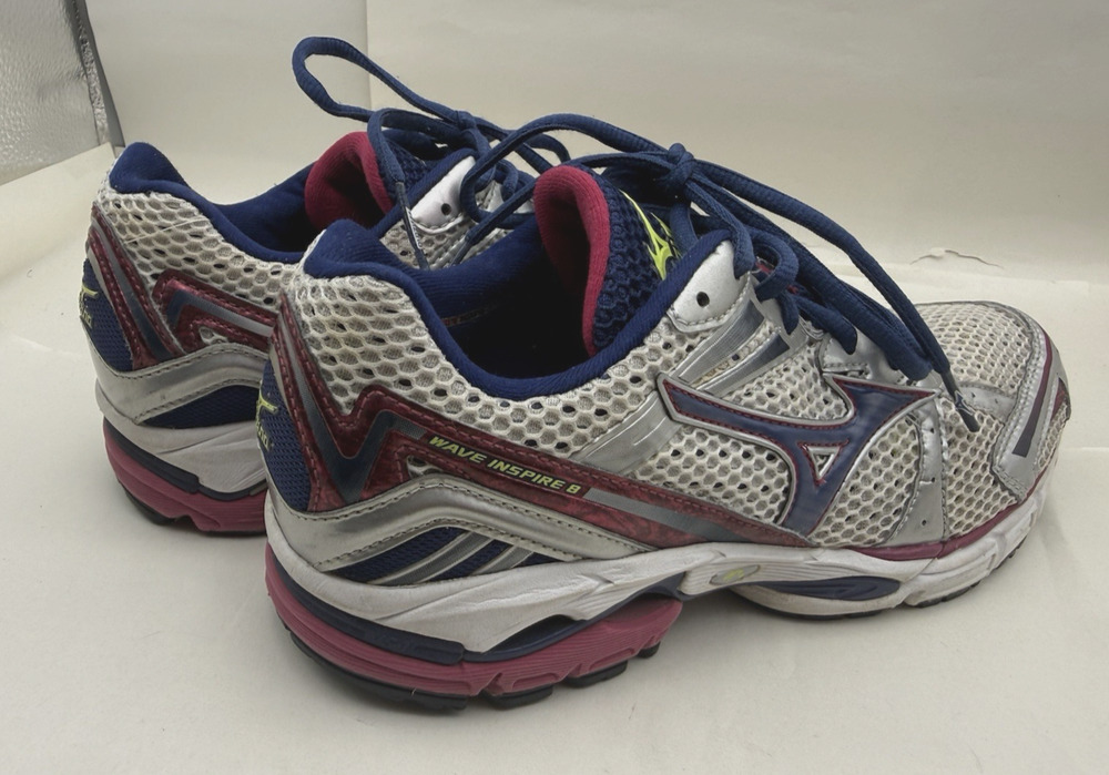 Mizuno Wave Inspire 8 Size 9.5W Blue Maroon Silver Running Shoes 8KN-24314 *USED